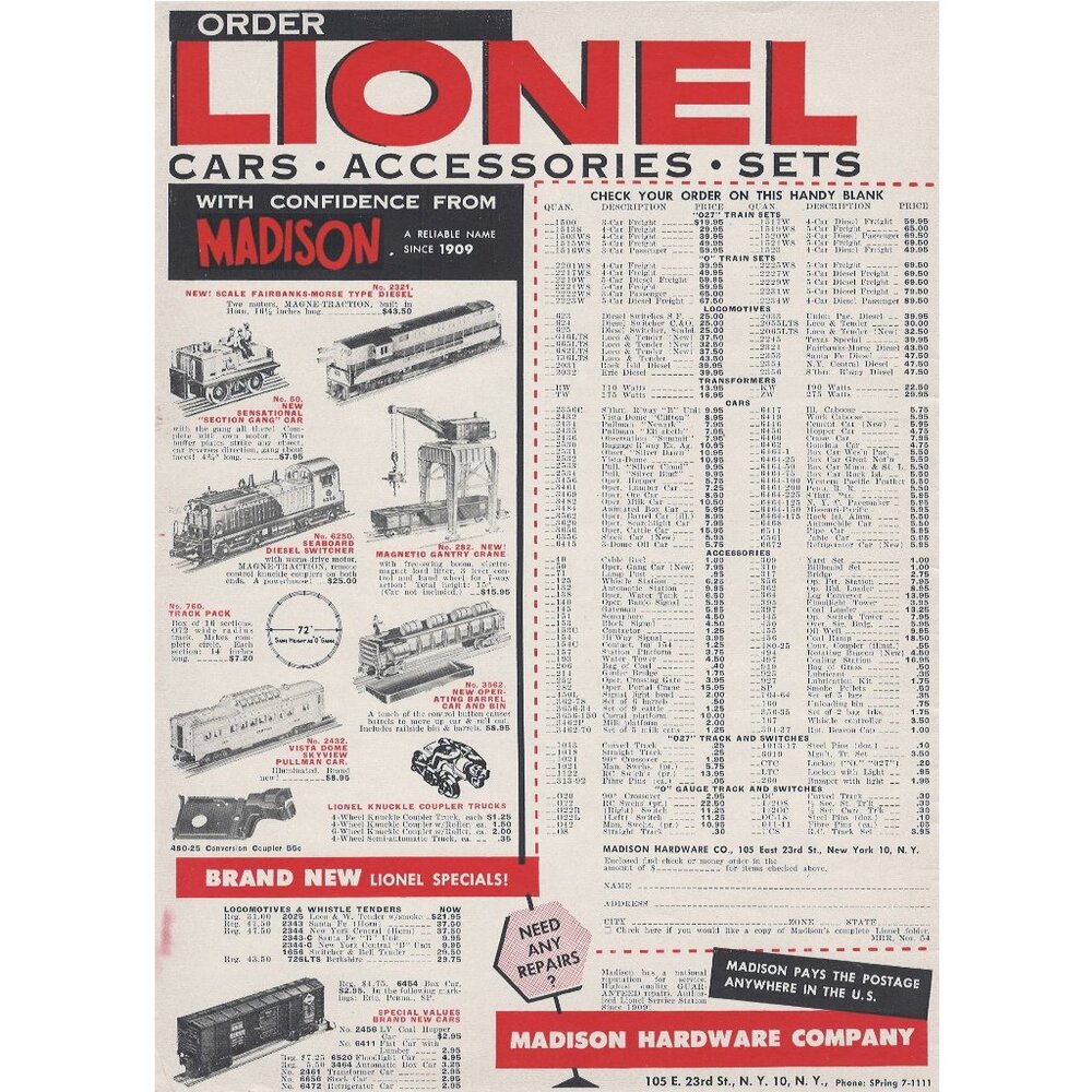 Madison Harware Company Lionel Accessories Vintage Print Ad 1954 Original NY NY